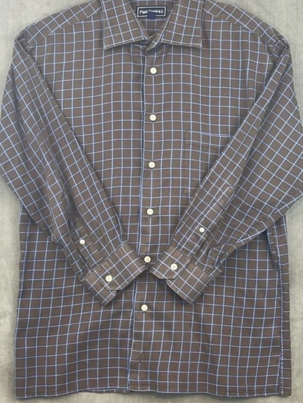 Paul Fredrick Brown Dress Shirt with Blue Windowpane Check